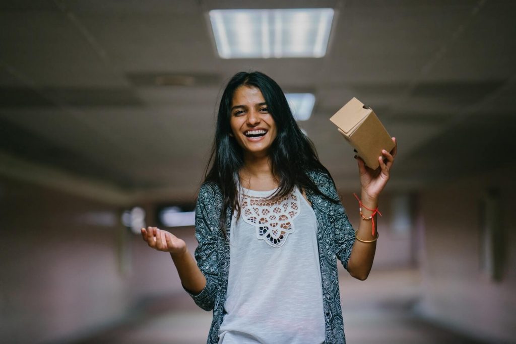 A woman using a VR training solution program