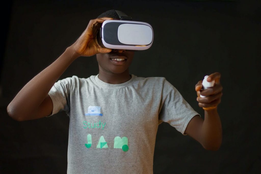 Person using virtual reality for distance learning