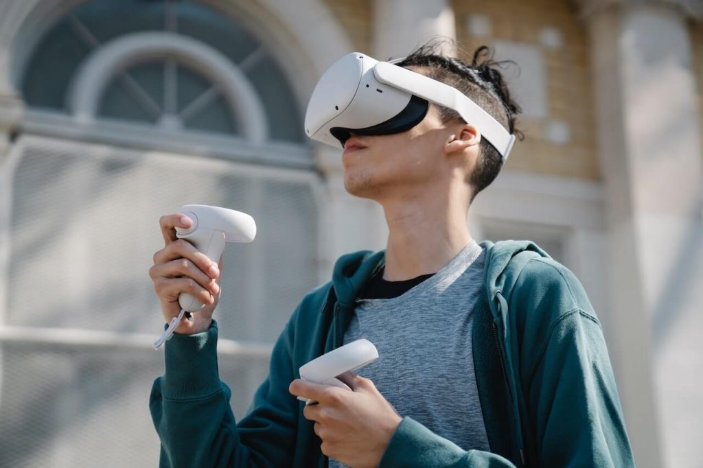 Man using VR outdoors for product launch or promotion