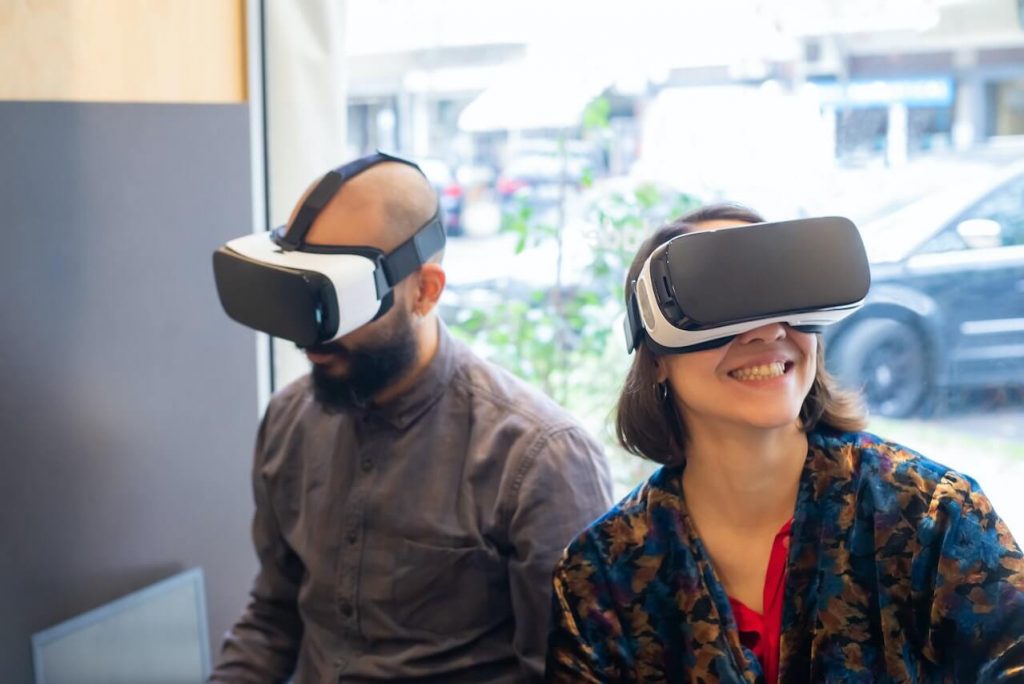 Customers using virtual reality during a product promotion.